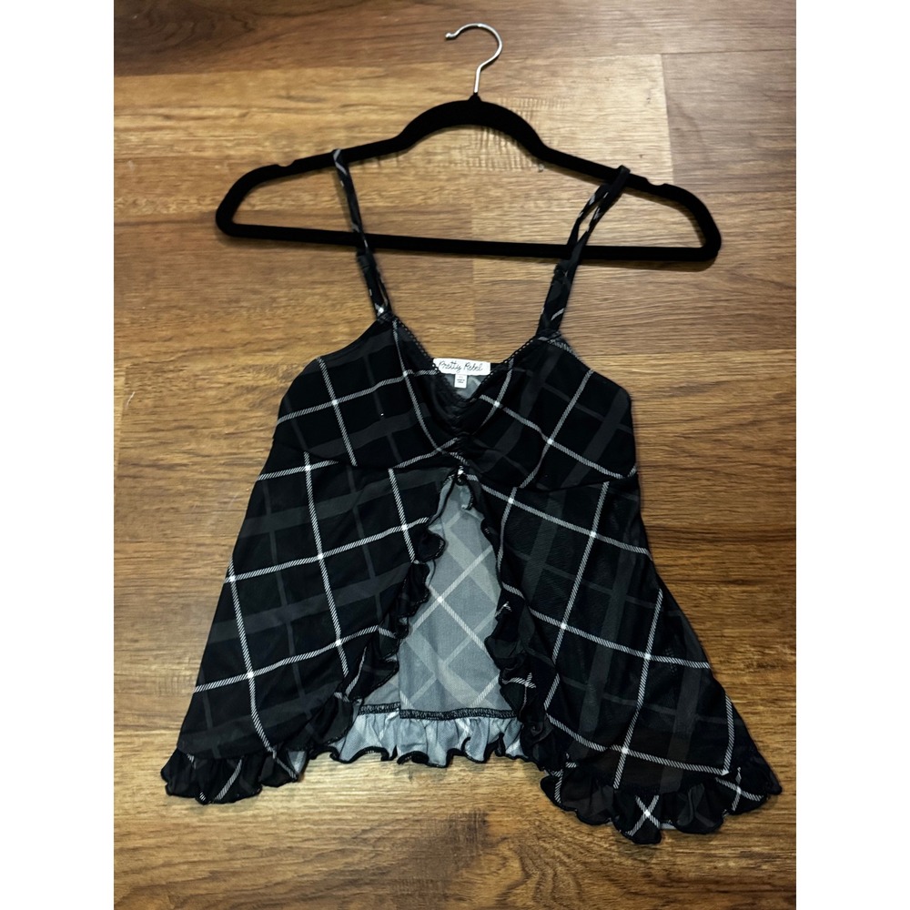 Pretty Rebel Black White Plaid Mesh Cami Ruffle V-Neck Spaghetti Strap Top XS